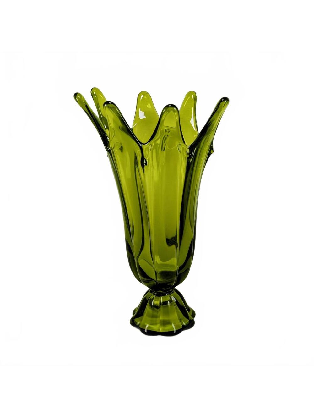 Vtg Viking Glass Green 8-finger Swung Vase 10.5"
